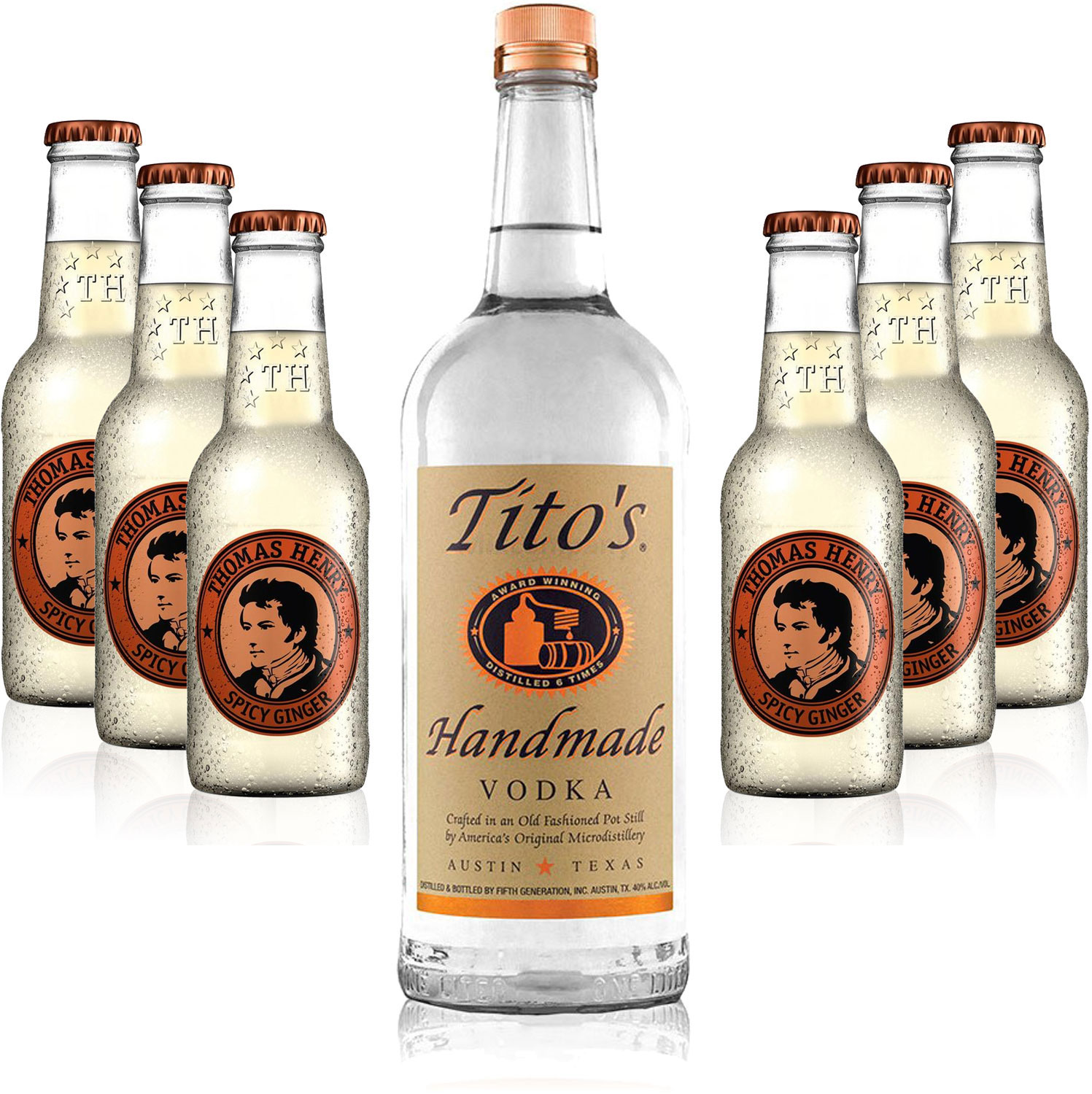 Moscow Mule Set - Titos Handmade Vodka 0,7l 700ml (40% Vol) + 6x Thomas Henry Spicy Ginger 200ml - Inkl. Pfand MEHRWEG