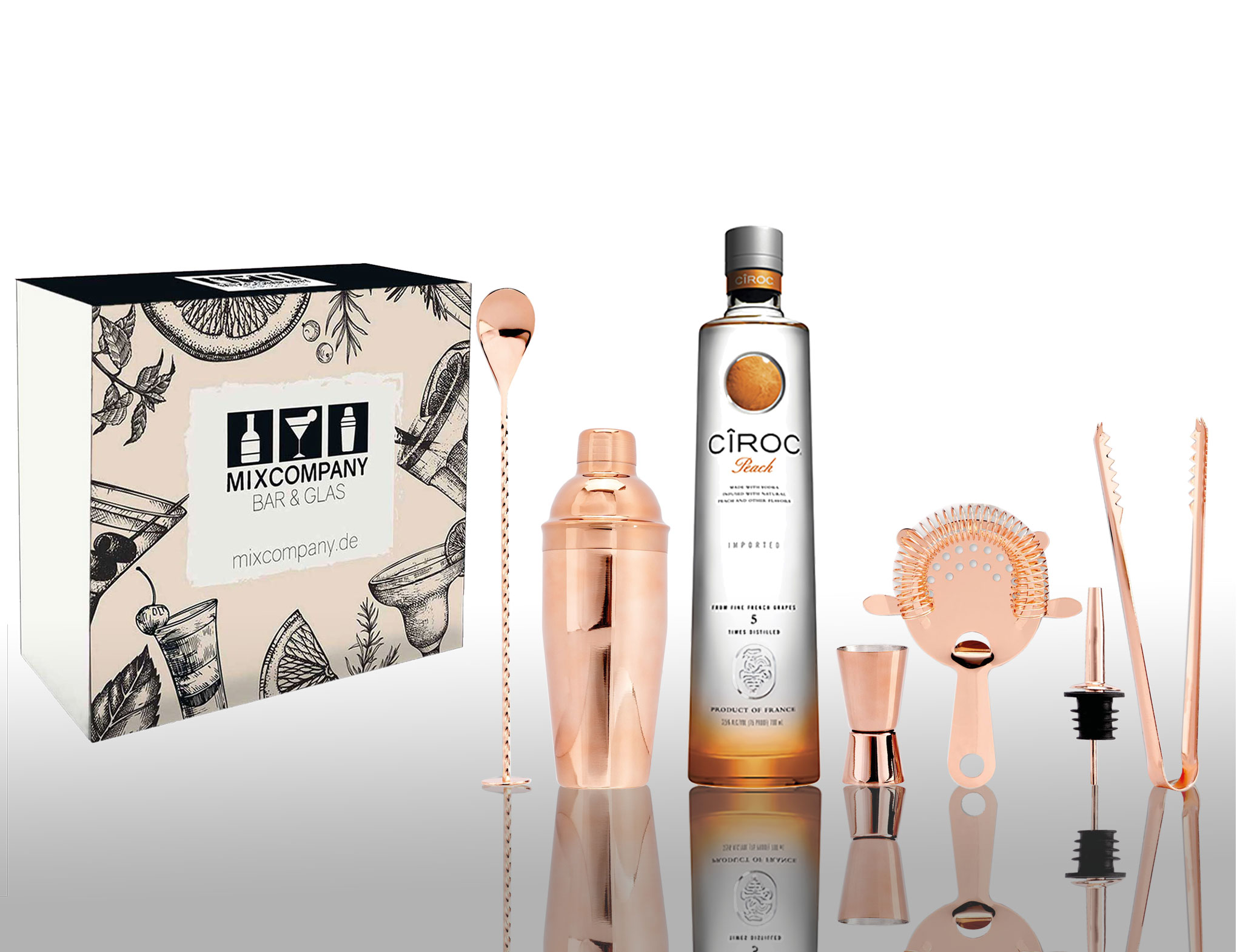 Ciroc Geschenkset Vodka Peach 0,7L (37,5% Vol) mit 6 teiligem Barset von P Diddy / Sean Combs Pfirsich- [Enthält Sulfite]