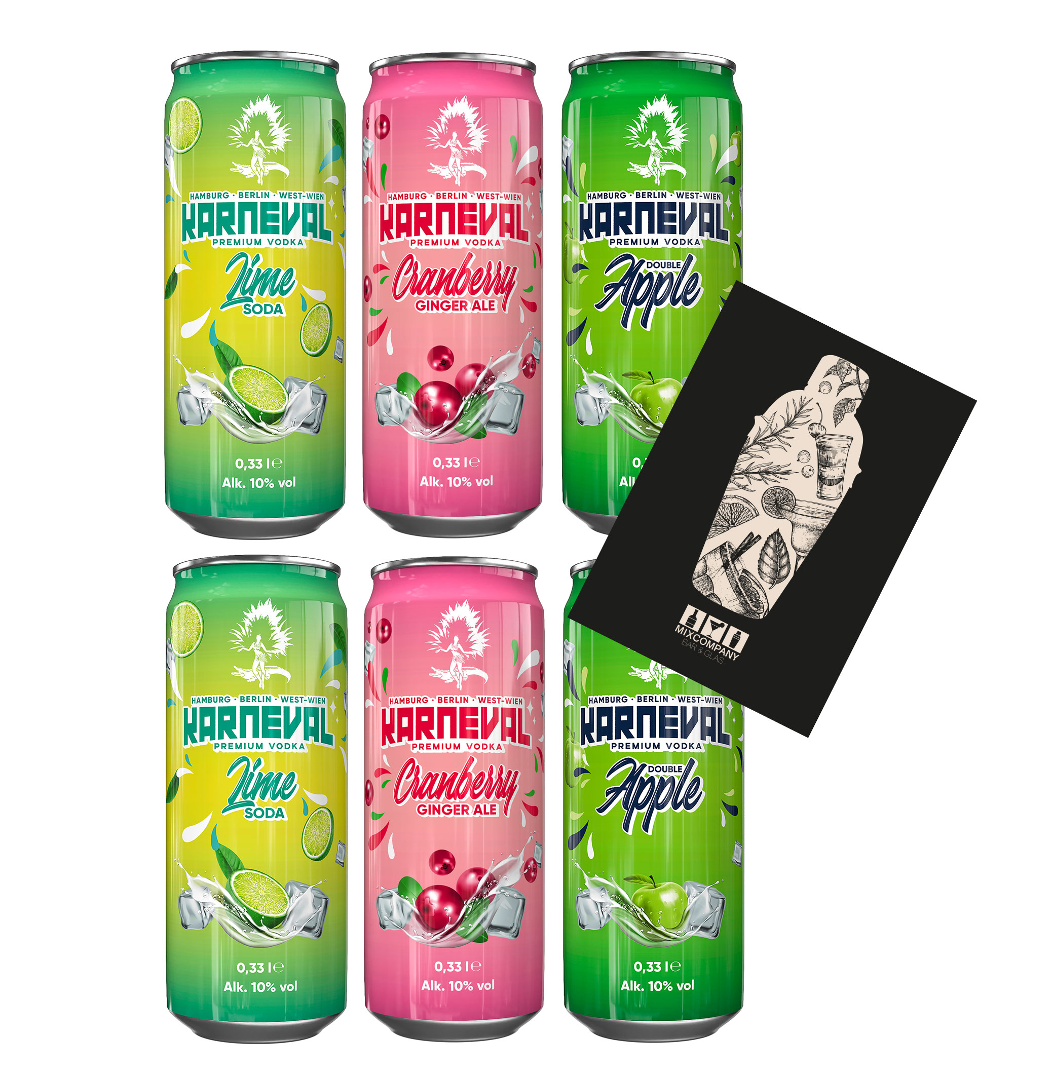 Karneval Vodka 6er tasting Set - 2 pro Sorte Lime Soda + Cranberry Ginger Ale + Double Apple je 0,33L (10% Vol) von Raf Camora und Bonez Mc inkl. Pfand EINWEG- [Enthält Sulfite]