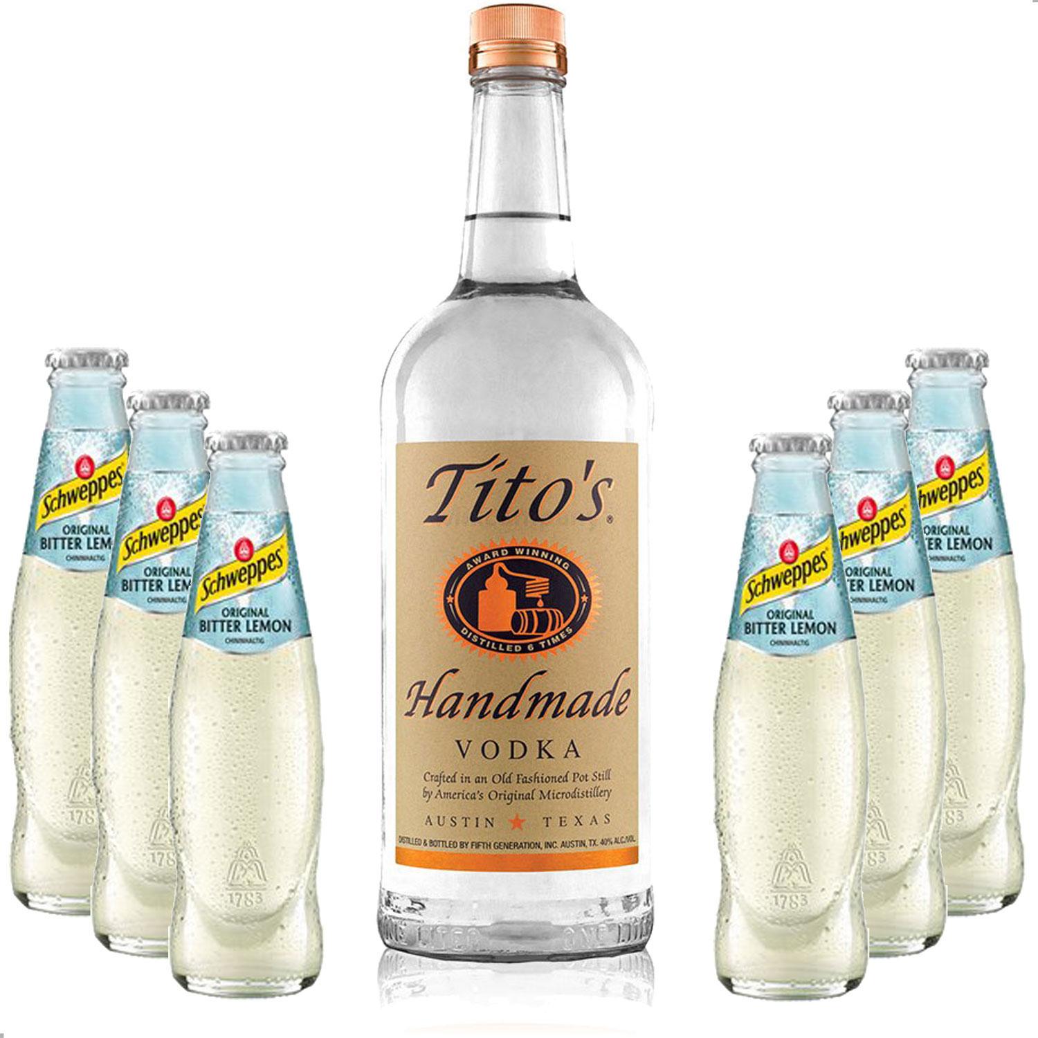 Vodka Lemon Set - Titos Handmade Vodka 0,7l 700ml (40% Vol) + 6x Schweppes Bitter Lemon 200ml - Inkl. Pfand MEHRWEG