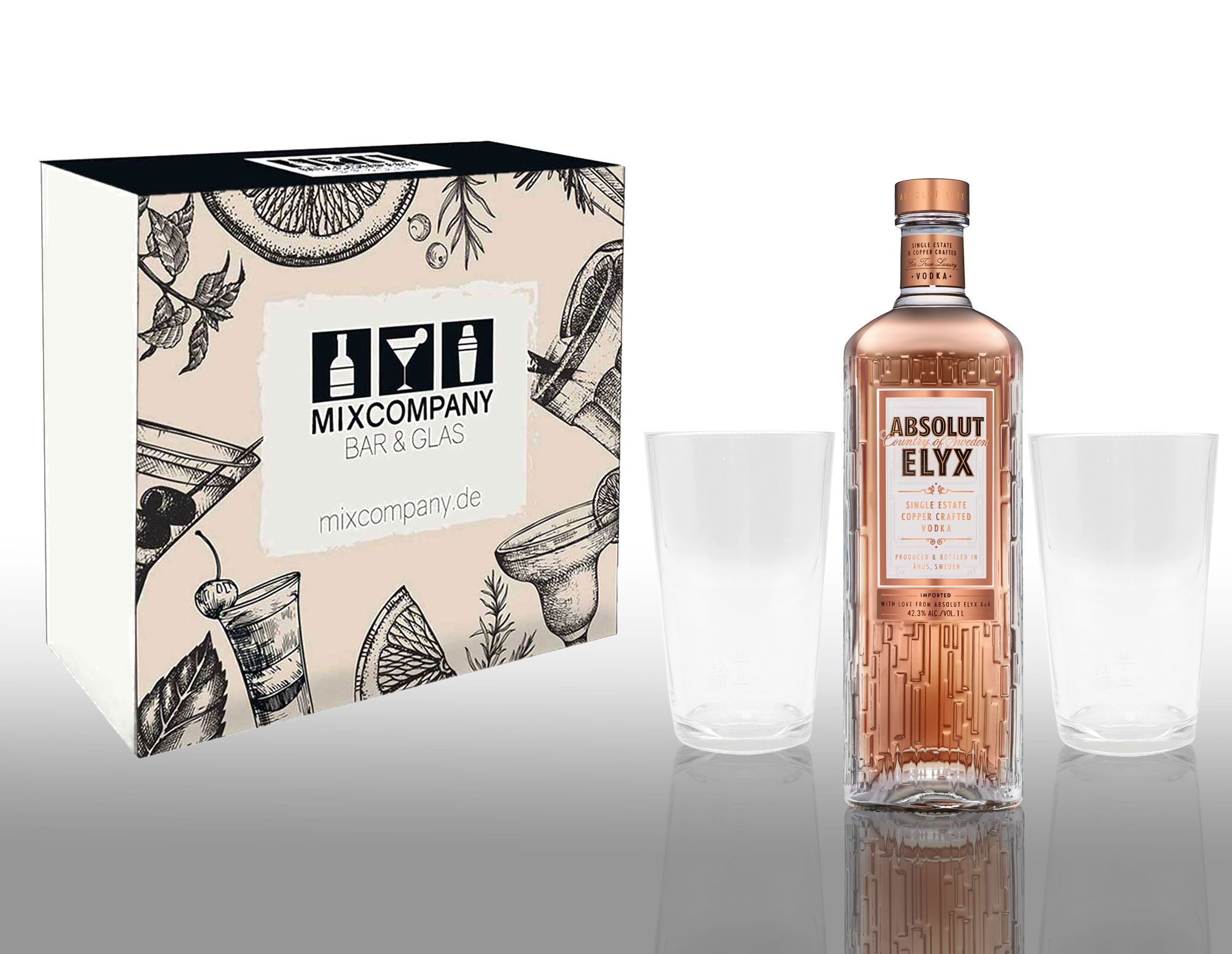 Absolut Set / Geschenkset - Absolut Elyx Vodka 1L (50% Vol) + 2x Absolut Longdrink Gläser geeicht 2/4cl