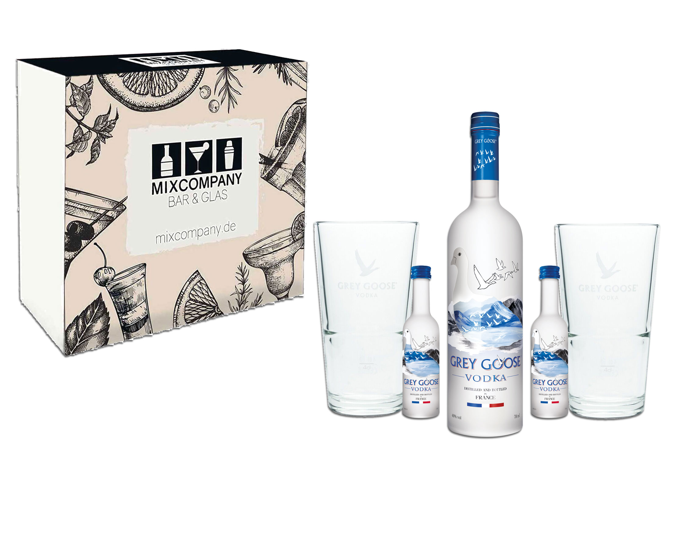 Grey Goose Geschenkset - Vodka 0,7L (40% Vol) + 2x Mini je 5cl (40% Vol) + 2x Longdrinkglas mit Grey Goose Logo und 4cl Eichung- [Enthält Sulfite]