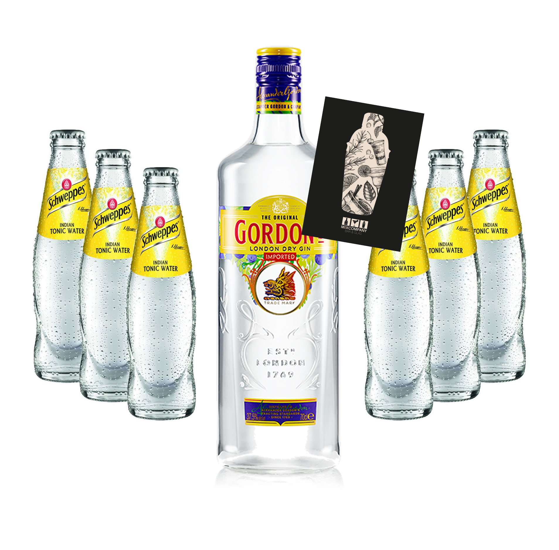 Gin Tonic Set - Gordons Gin 0,7l 700ml (37,5% Vol) + 6x Schweppes Tonic Water 200ml inkl. Pfand MEHRWEG