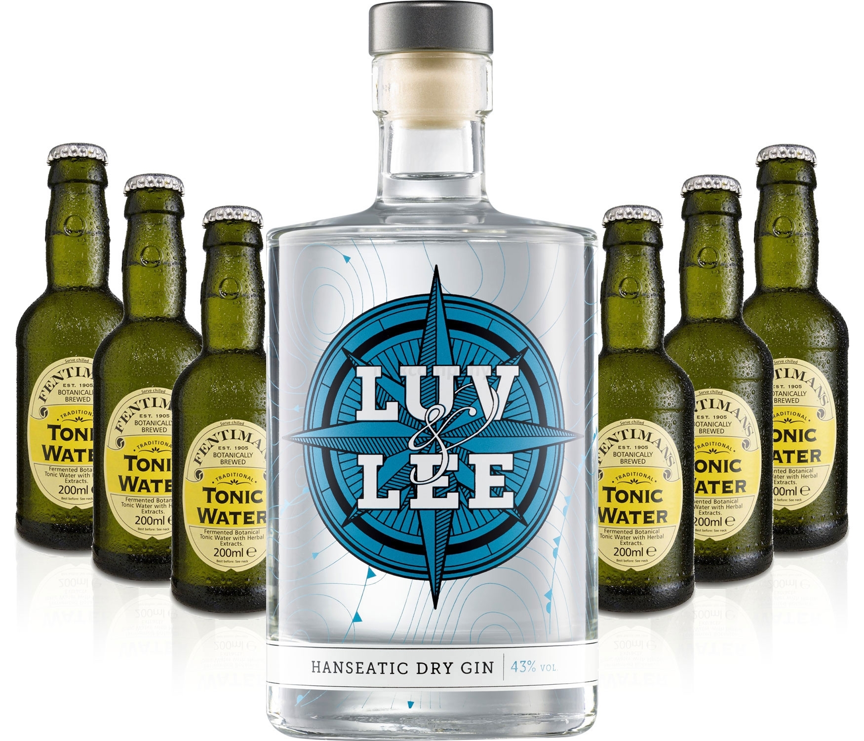Luv & Lee Hanseatic Dry Gin Tonic Set - Luv & Lee Gin 0,5l (43% Vol) + 6x Fentimans Tonic Water 200ml inkl. Pfand MEHRWEG