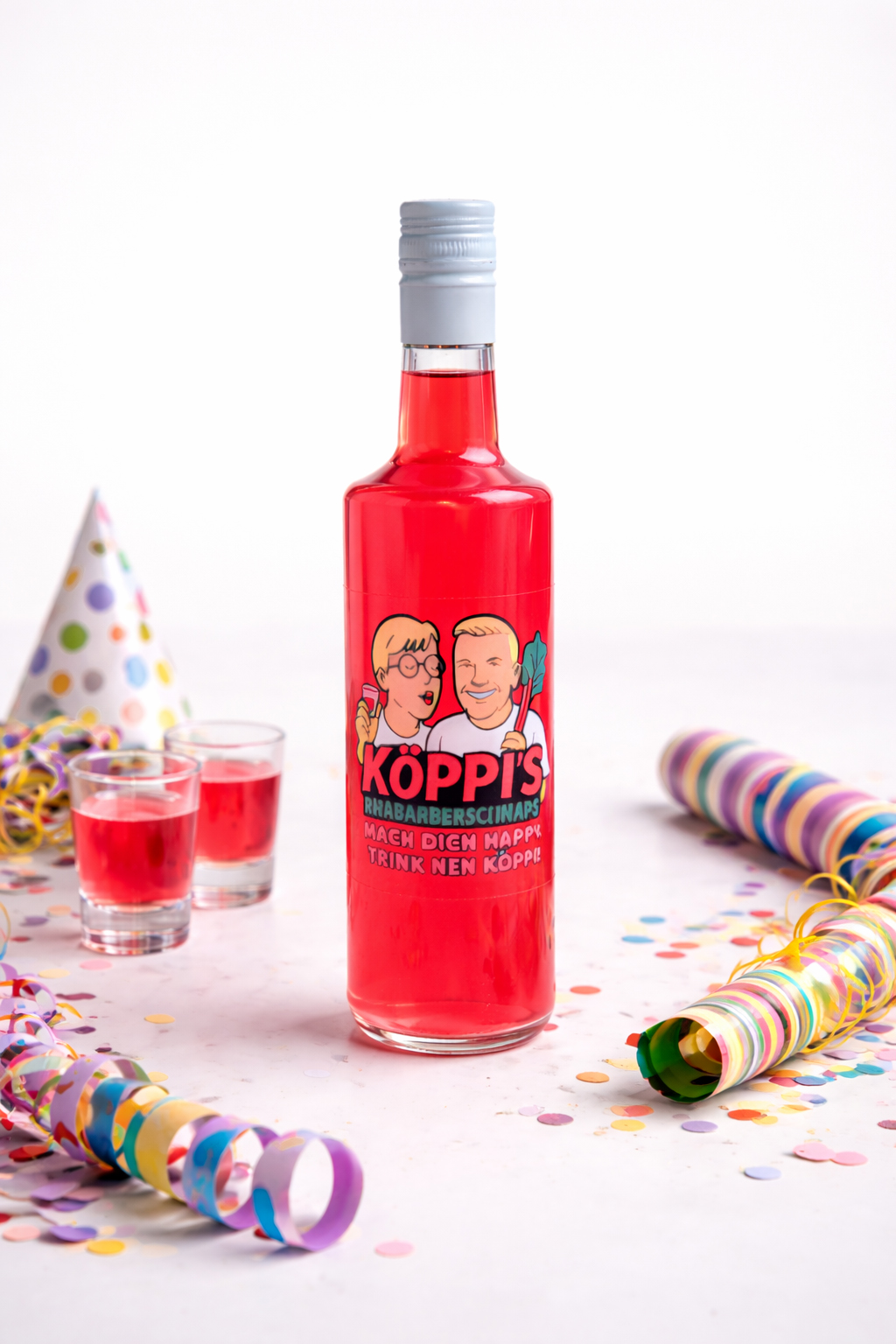 Köppi’s Party Spritz Geschenkset – Rhabarberschnaps 0,7 l (15% Vol.) & 2× Vino Frizzante Secco Ducca della Rocca 0,75 l (10,5% Vol.)- [Enthält Sulfite]