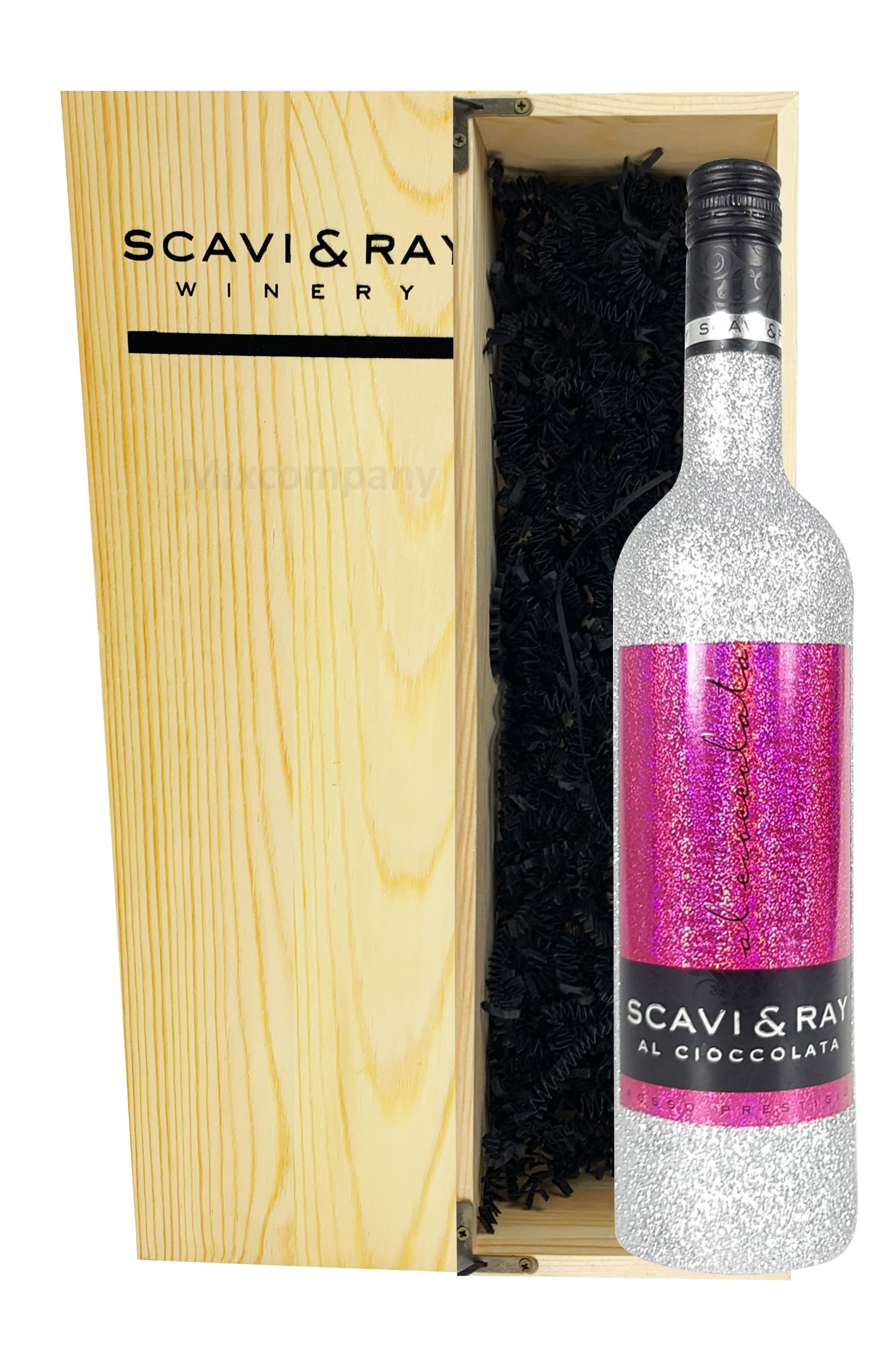 Scavi & Ray Giftbox Geschenkset - Scavi & Ray Al Cioccolata Rotwein Cuvèe 0,75l (10% Vol) Bling Bling Glitzer Glitzerflasche silber mit Holzkiste - [Enthält Sulfite]