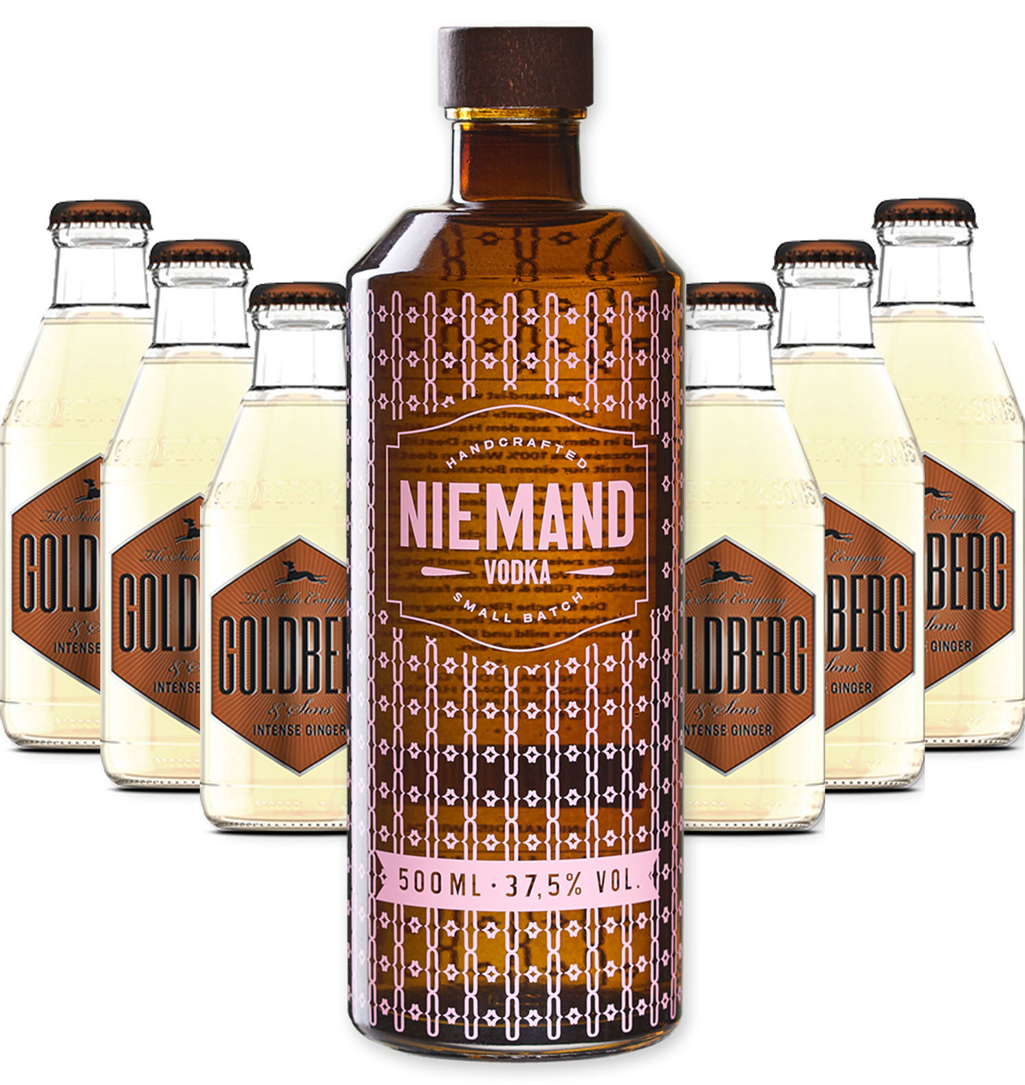 Niemand Vodka Small Batch Handcrafted Wodka 0,5l 500ml (37,5% Vol) + 6x Goldberg Intense Ginger 200ml - Inkl. Pfand MEHRWEG Moscow Mule Set - [Enthält Sulfite]