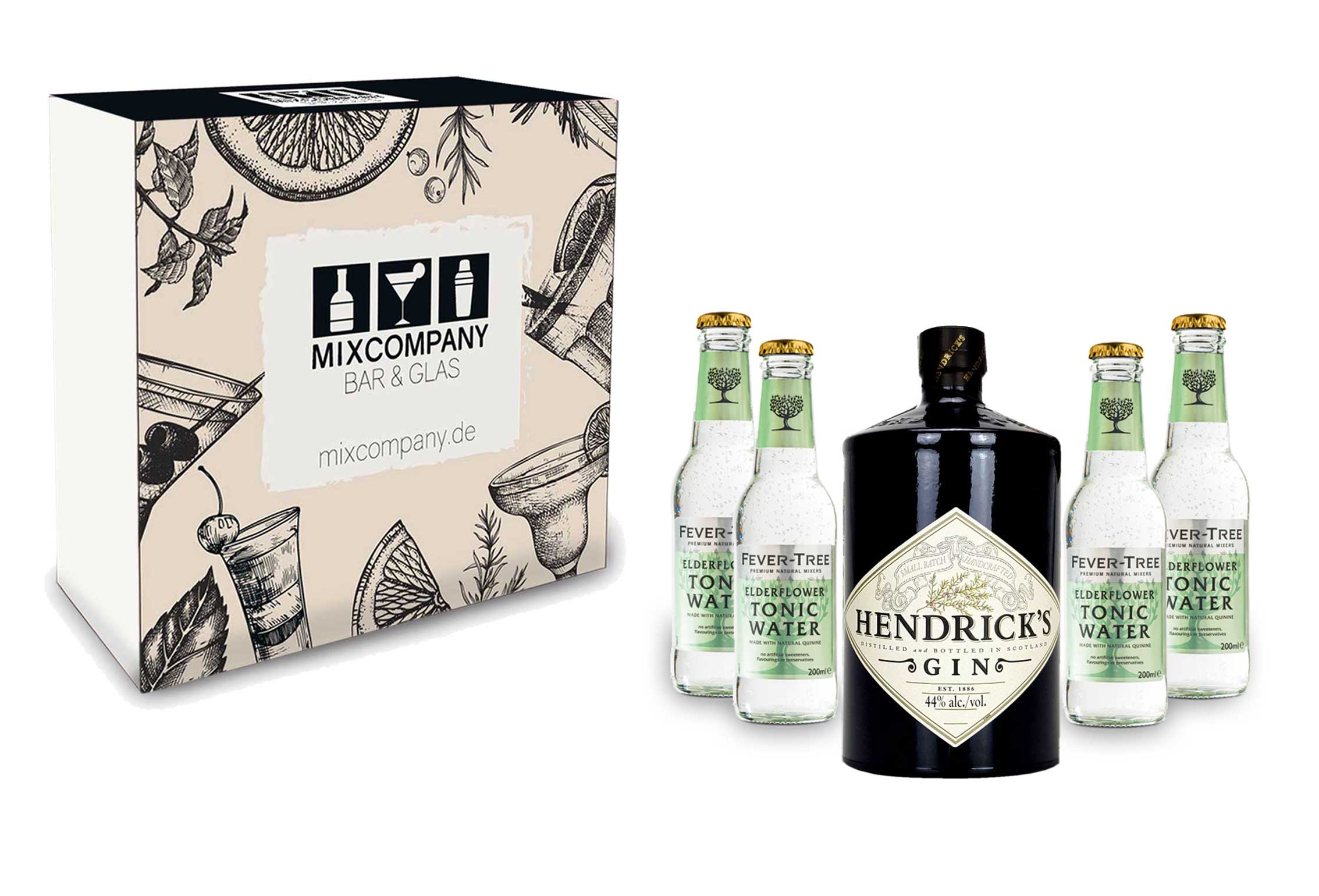 Gin Tonic Giftbox Geschenkset - Hendricks Handcrafted Gin 0,7l (44% Vol) + 4x Fever Tree Elderflower Water 200ml inkl. Pfand MEHRWEG- [Enthält Sulfite]