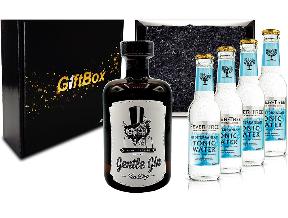 Mixcompany Giftbox - Gin Tonic Set - Gentle Gin Tea Dry 0,5l (47% Vol) + 4x Fever-Tree Mediterranean Tonic Water 200ml inkl. Pfand MEHRWEG - in Geschenkverpackung- [Enthält Sulfite]