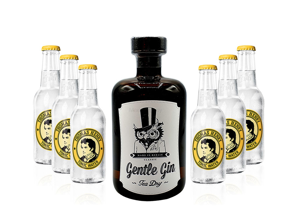 Gin Tonic Set - Gentle Gin Tea Dry 0,5l (47% Vol) + 6x Thomas Henry Tonic Water 200ml inkl. Pfand MEHRWEG - [Enthält Sulfite]
