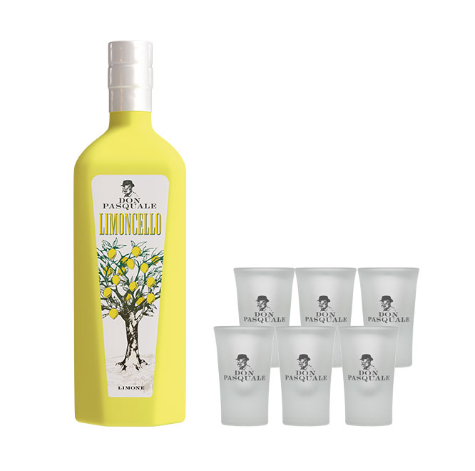 Don Pasquale Set Limoncello 0,7L (30% Vol) + 6x Shotglas Gläser Gratis - Likör Limoncello Zitrone - [Enthält Sulfite]