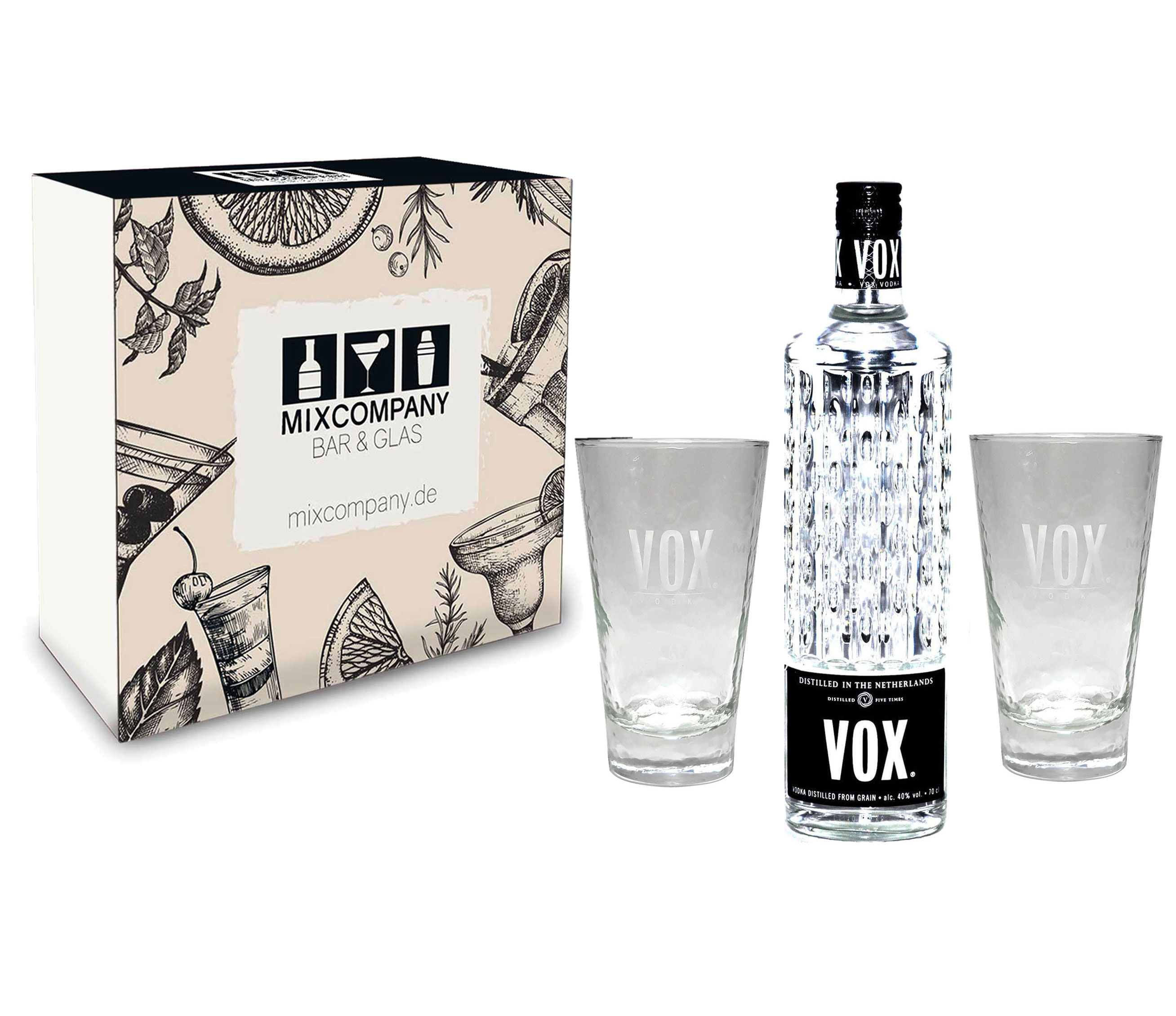 VOX Set / Geschenkset - VOX Vodka 0,7l 700ml (40% Vol) + 2x VOX Gläser