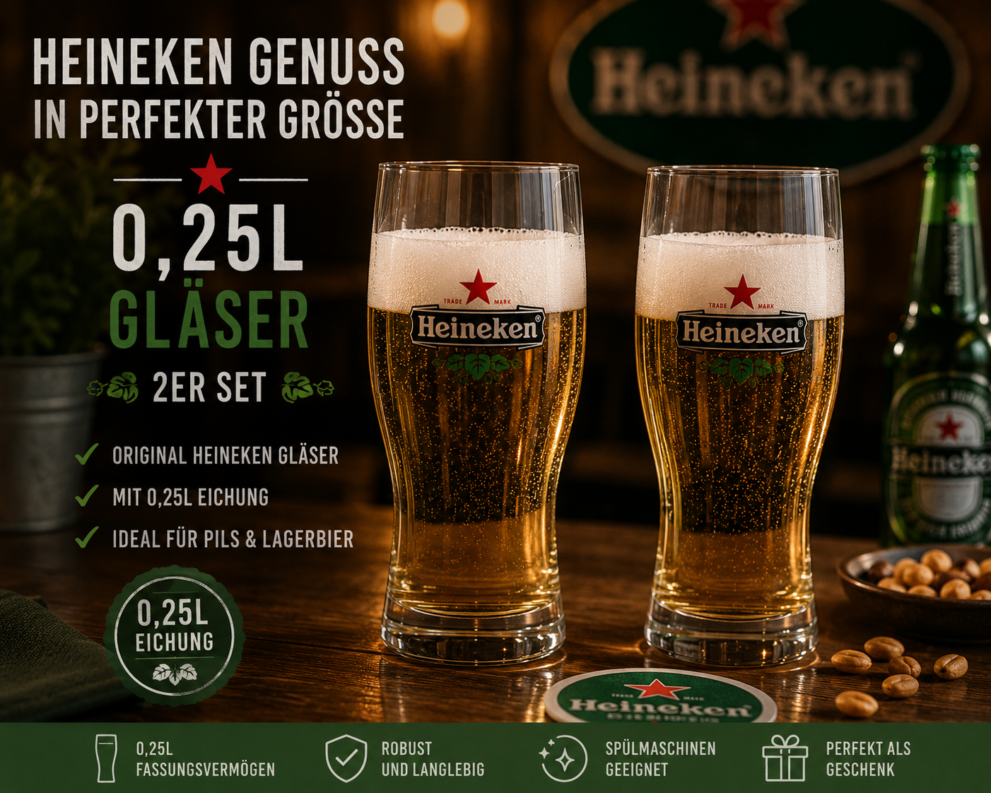 Heineken Biergläser 0,25L 2er Set Original Biergläser mit Eichung Gastronomieglas