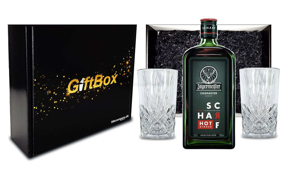 Geschenkset - Jägermeister Kräuterlikör Hot Ginger Charakter Scharf 0,7l 700ml (33% Vol) + 2x Longdrink Gläser in Kristall Optik- [Enthält Sulfite]