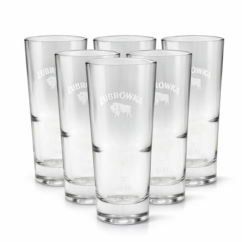 Żubrówka Longdrinkgläser – 6er Set | Original Markengläser mit weißem Logo | 2 cl / 4 cl geeicht | Ideal für Vodka & Longdrinks