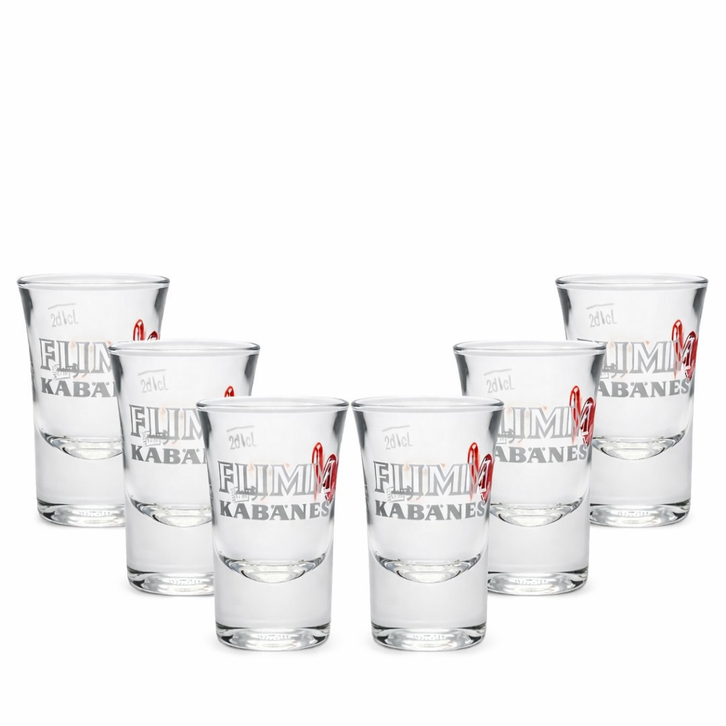 FLIMM Kabänes Shotgläser 6er Set – 2 cl / 4 cl Stamper mit Eichstrich – Schnapsgläser mit Logo – Party & Bar Gläser