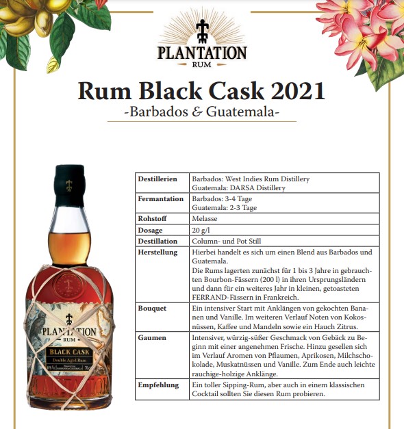 Plantation Rum Geschenkset Black Cask 0,7L (40% Vol) Barbados Guatemala + 2x Plantation Nosing Glas 4cl- [Enthält Sulfite]