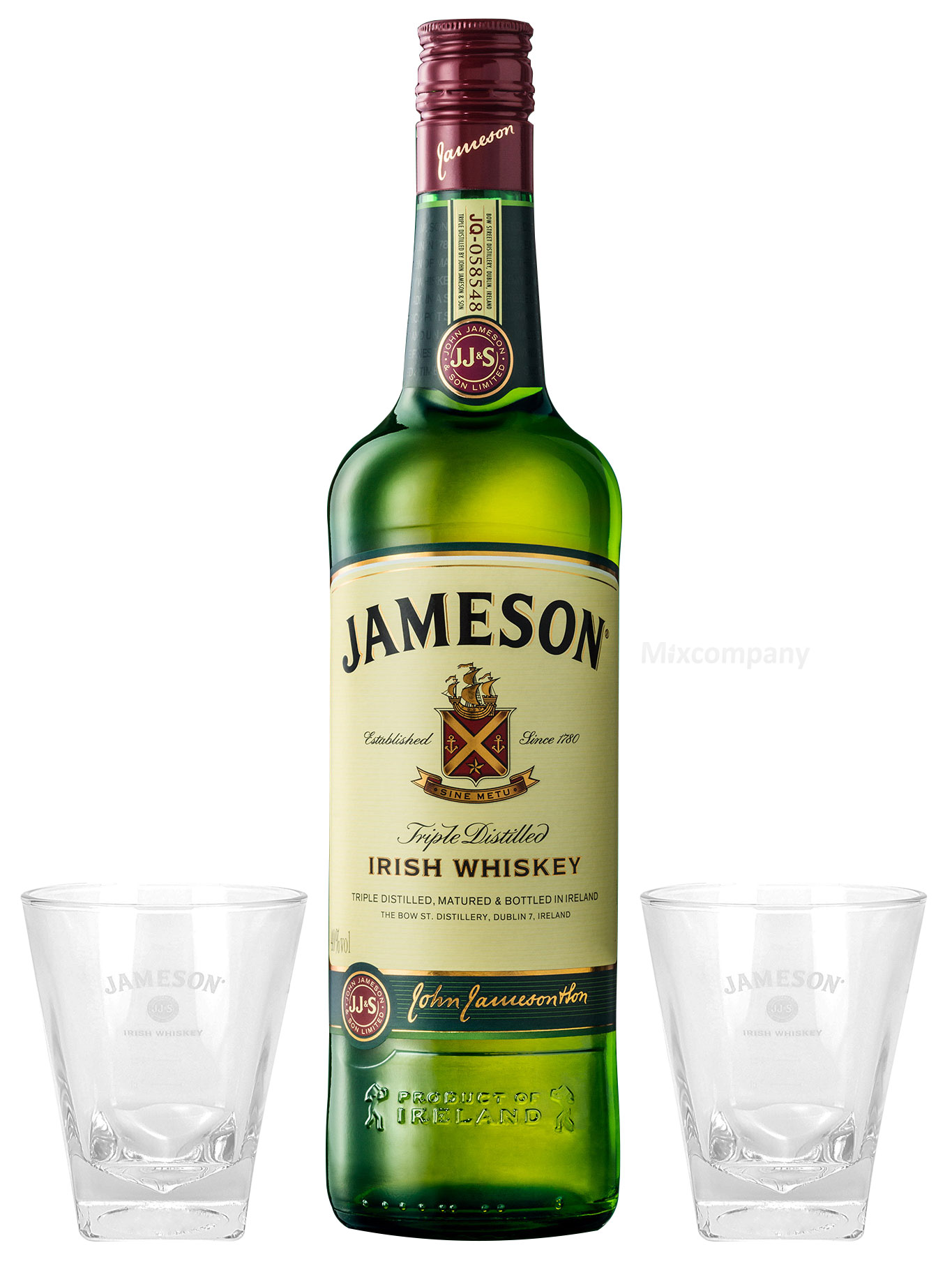 Jameson Irish Whiskey 1,0l (40% Vol) + 2x Gläser Bar Longdrink Glas Gläser Whisky - [Enthält Sulfite]