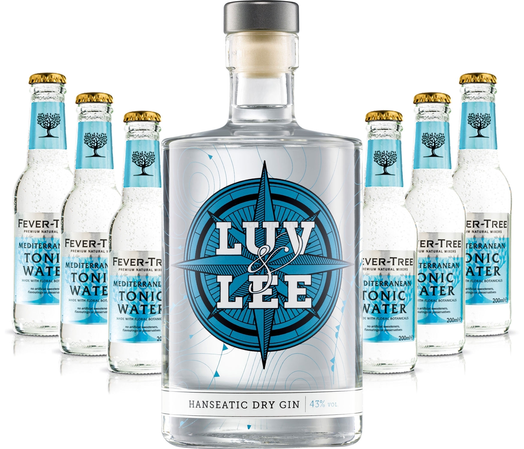 Luv & Lee Hanseatic Dry Gin Tonic Set - Luv & Lee Gin 0,5l (43% Vol) + 6x Fever Tree Mediterranean Tonic Water 200ml inkl. Pfand MEHRWEG