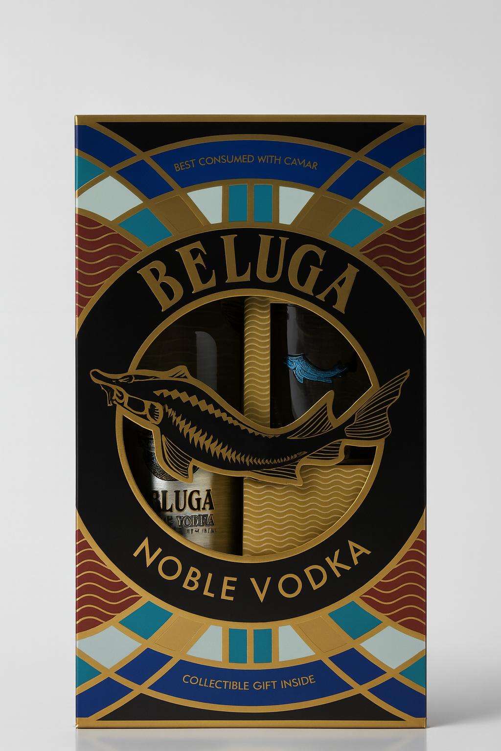 Beluga Noble Vodka Geschenkset – 0,7L – 40% Vol. – Mit original Beluga Glas mit blauem Stör & luxuriöser Geschenkbox- [Enthält Sulfite]
