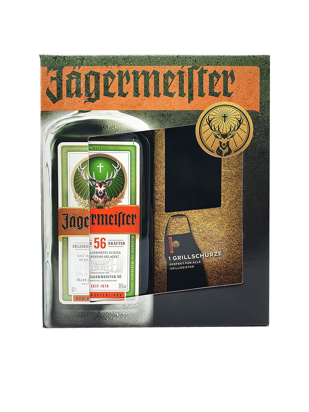 Jägermeister Geschenkset - Jägermeister 0,7l 700ml (35% Vol) + Grillschürze in schwarz- [Enthält Sulfite]