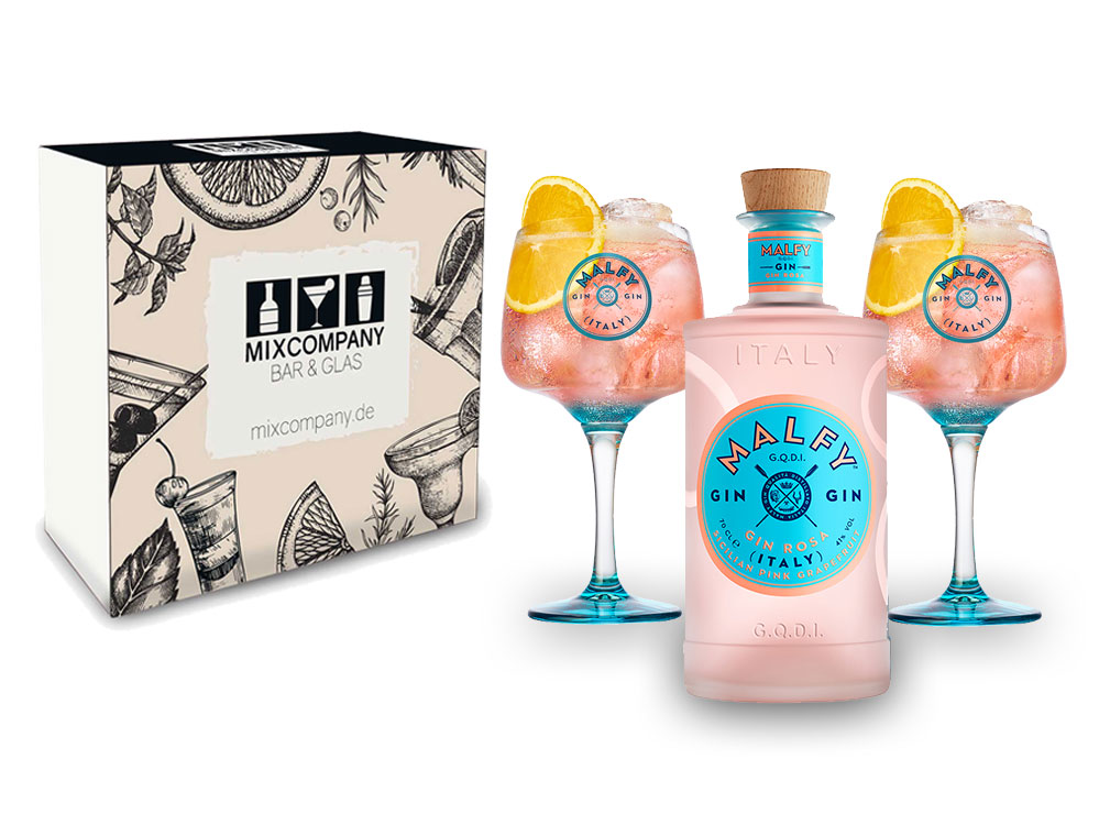 Malfy Gin Giftbox Set - Malfy Gin Rosa 0,7l - 700ml (41% VOL) + 2 Malfy Gin Ballon Gläser / Glas in Geschenkverpackung - [Enthält Sulfite]