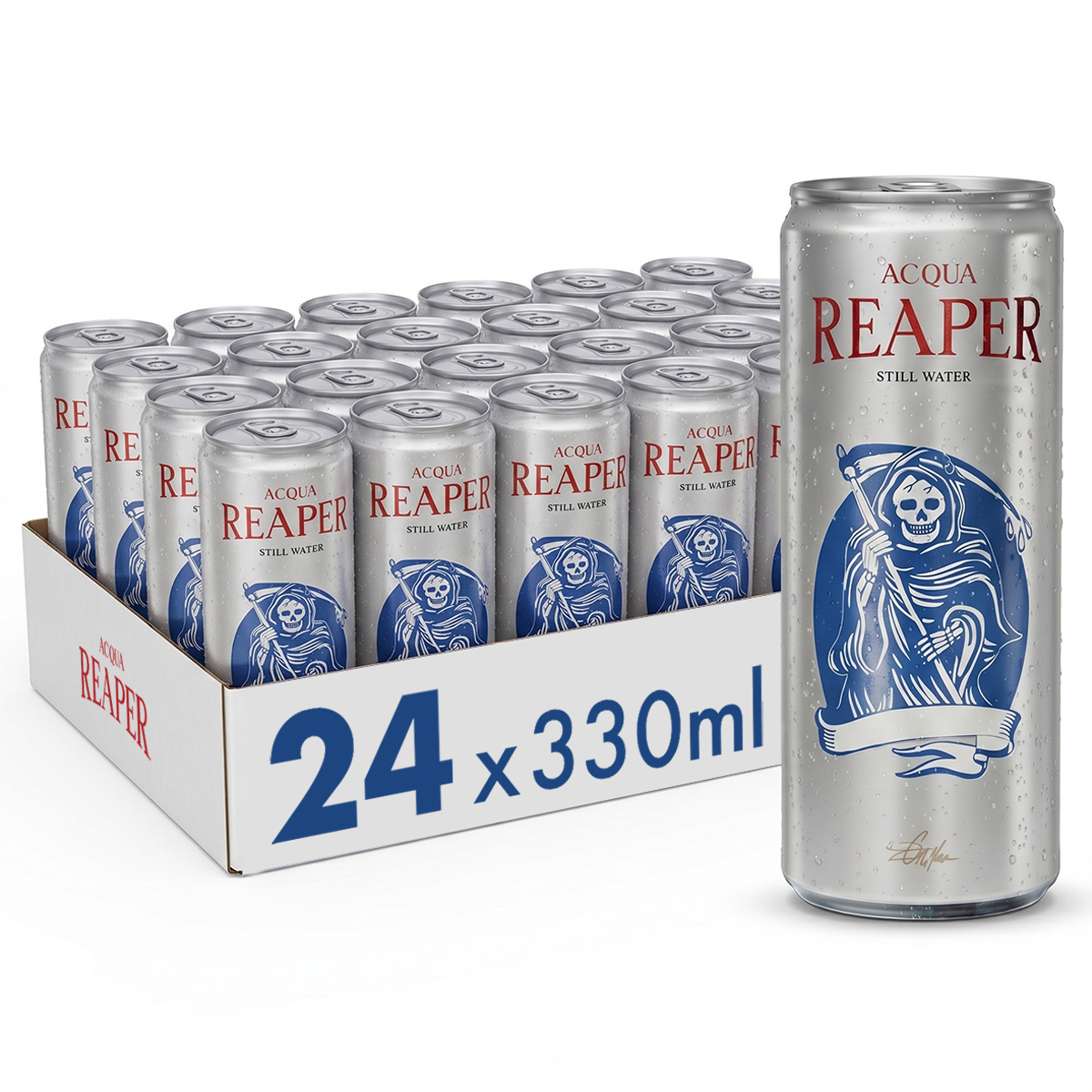 Ein Karton mit 24 Dosen Acqua Reaper - stillem Wasser - und eine einzelne Dose im Vordergrund. Das Getränk in der Dose ist ideal für den Trinkwasser Vorrat.