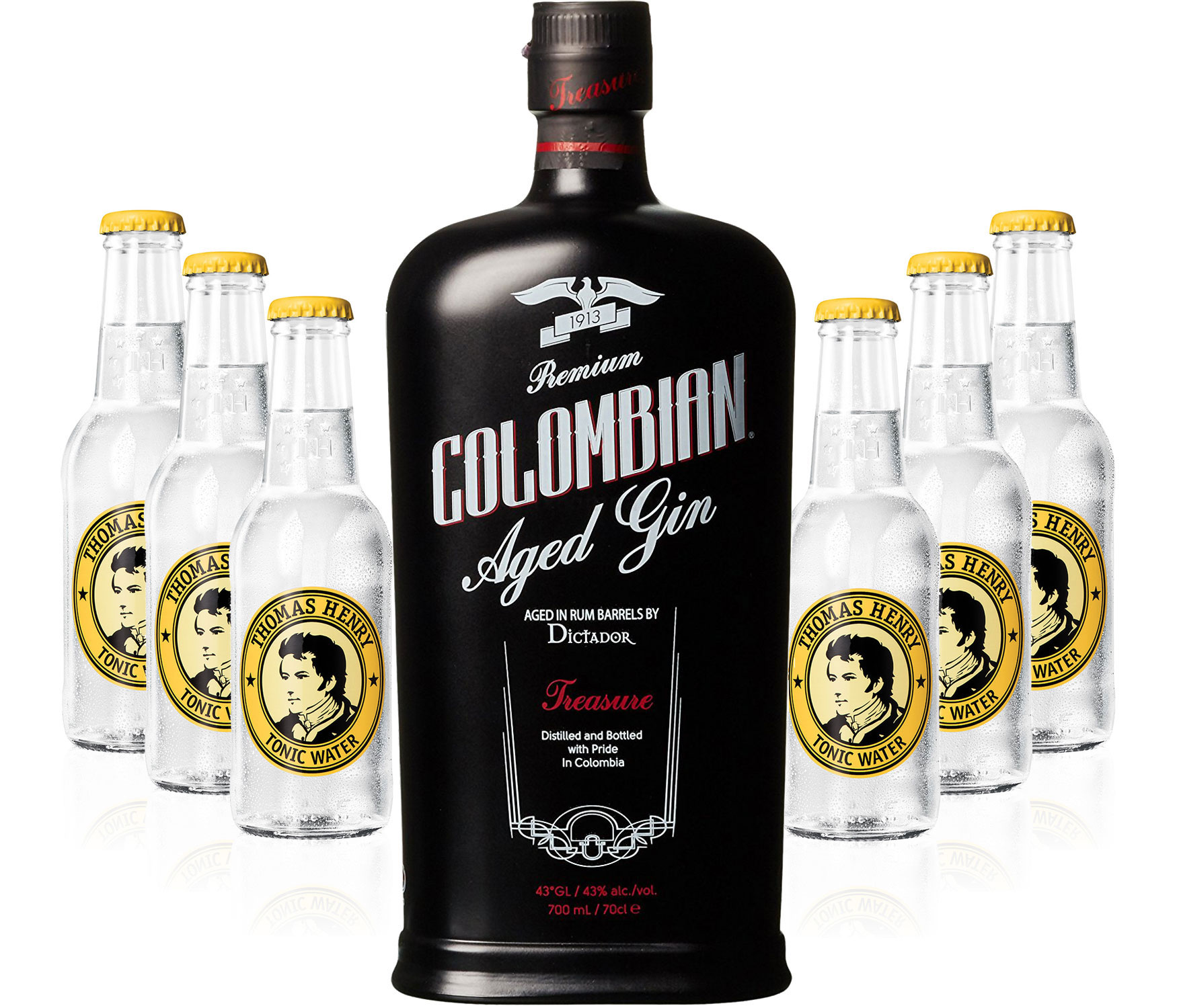Gin Tonic Set - Dictador Colombian Aged Gin Black 0,7l 700ml (43% Vol) + 6x Thomas Henry Tonic Water 200ml inkl. Pfand MEHRWEG -[Enthält Sulfite]