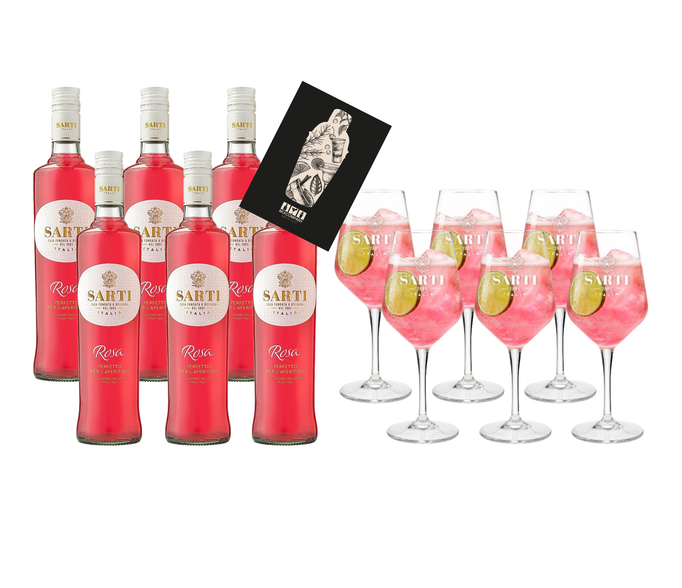 Sarti Rosa XXL Set Aperitif 6x 0,7L (14% Vol) + 6x Sarti Stielglas Ballon Gläser Mailand Italien- [Enthält Sulfite]