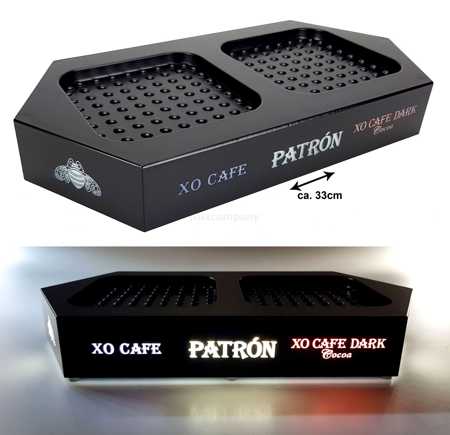 Patron Flaschen Display Tablett schwarz mit LED beleuchtung und Akku