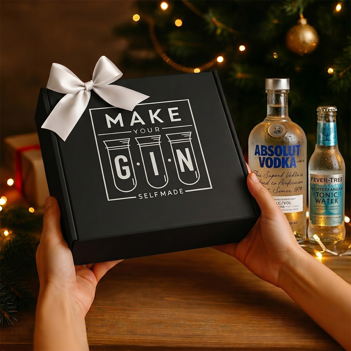 Make Your Gin Geschenkset Schwarz mit Absolut Vodka und Tonic Water inkl. 6 Longdrinkgläsern & 12 Botanicals 