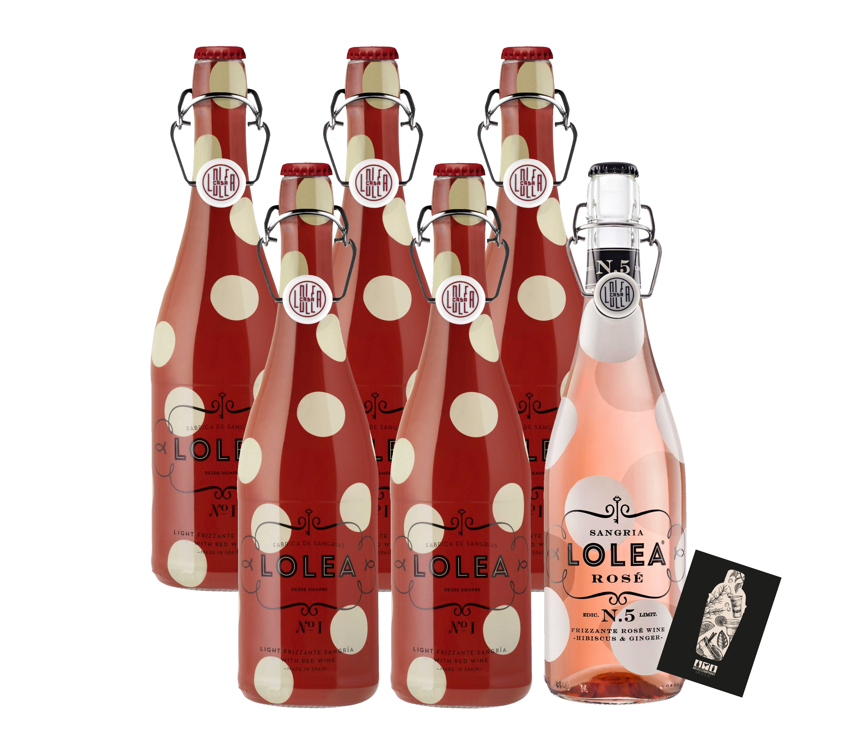 Lolea 5er Set Sangria N°1 ROT 5x 0,75L (7% Vol) + GRATIS Lolea Sangria N°5 ROSE 0,75L (8% Vol) + GRATIS 1x Rosewein Sangria Garnacha- und Tempranillo Trauben GRATIS- [Enthält Sulfite]