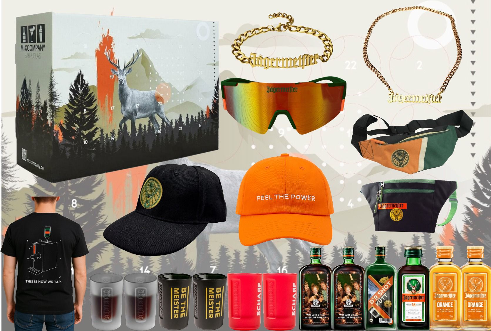 Jägermeister Fan Paket – 24 originale Jägermeister Produkte & Zubehör | Geschenkset inkl. Likör-Miniaturen | Adventskalender Fan Paket