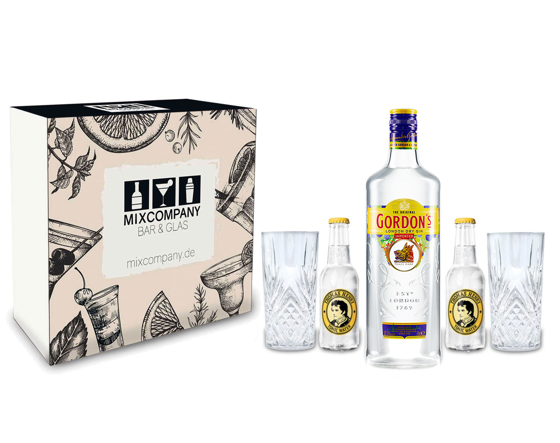 Gordons Gin Tonic Set / Geschenkset - Gordons London Dry Gin 0,7l 700ml (37,5% Vol.) + 2x Thomas Henry Tonic Water 200ml + 2x Longdrinkglas - Inkl. Pfand MEHRWEG