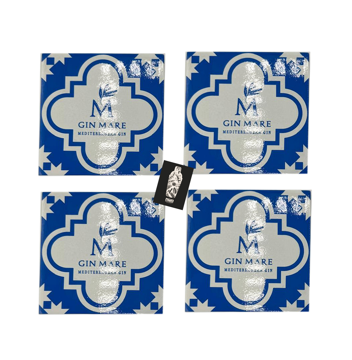 4 x Gin Mare Untersetzer Keramik / Fliesenuntersetzer 4er-Set Maße: 10cm x 10cm 