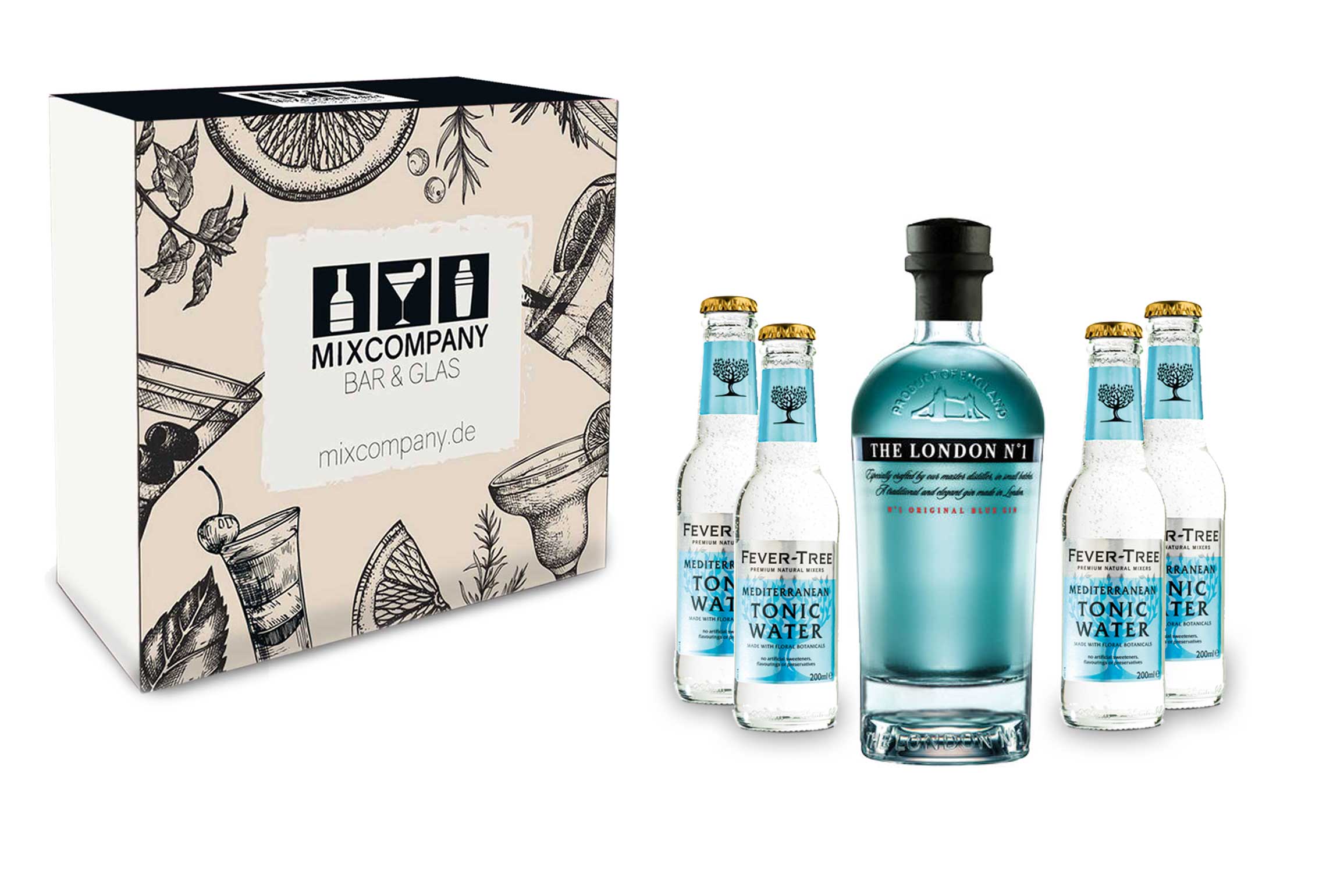 The London No 1 Geschenkset - Blue Gin 0,7l (47% Vol) + 4x Fever Tree Mediterranean Tonic Water 200ml inkl. Pfand MEHRWEG + Geschenkverpackung