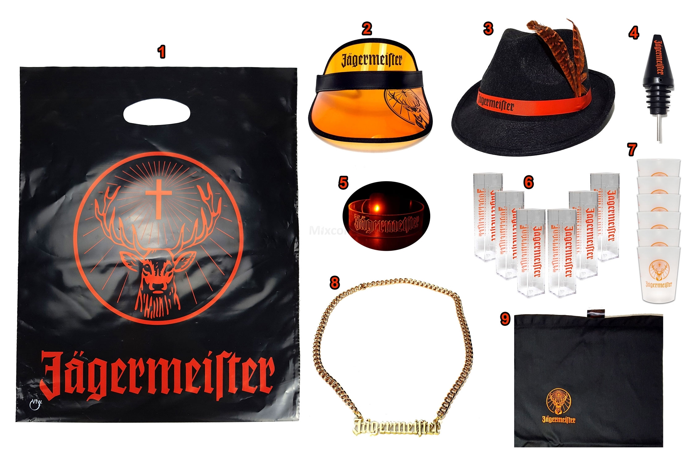 Jägermeister XXL Fan Set - Tüte + Kappe + Hut + Ausgießer + Armband + Reagenzglas + Becher + Kette + Schürze