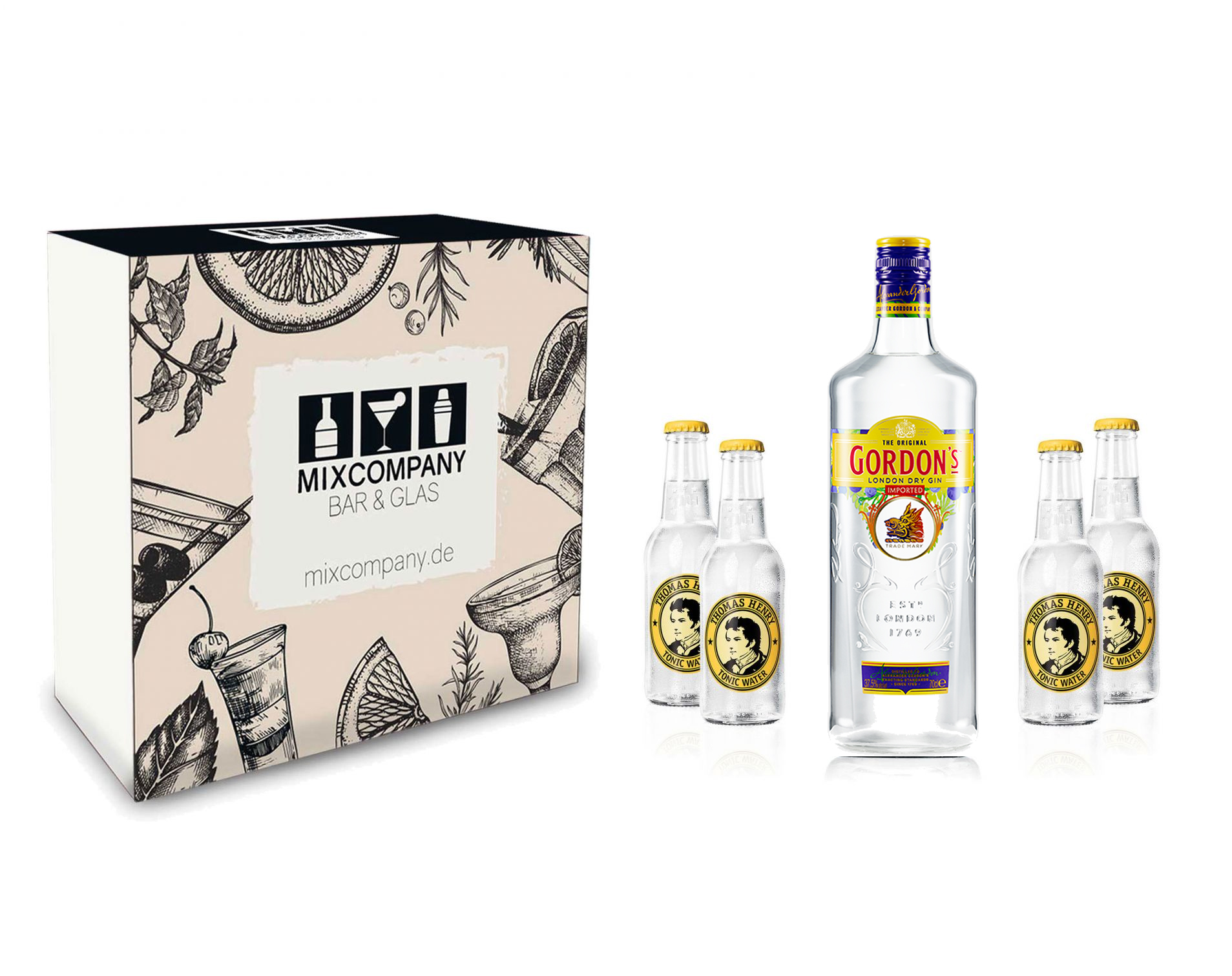 Gordons Gin Tonic Set / Geschenkset - Gordons London Dry Gin 0,7l 700ml (37,5% Vol.) + 4x Thomas Henry Tonic Water 200ml - Inkl. Pfand MEHRWEG