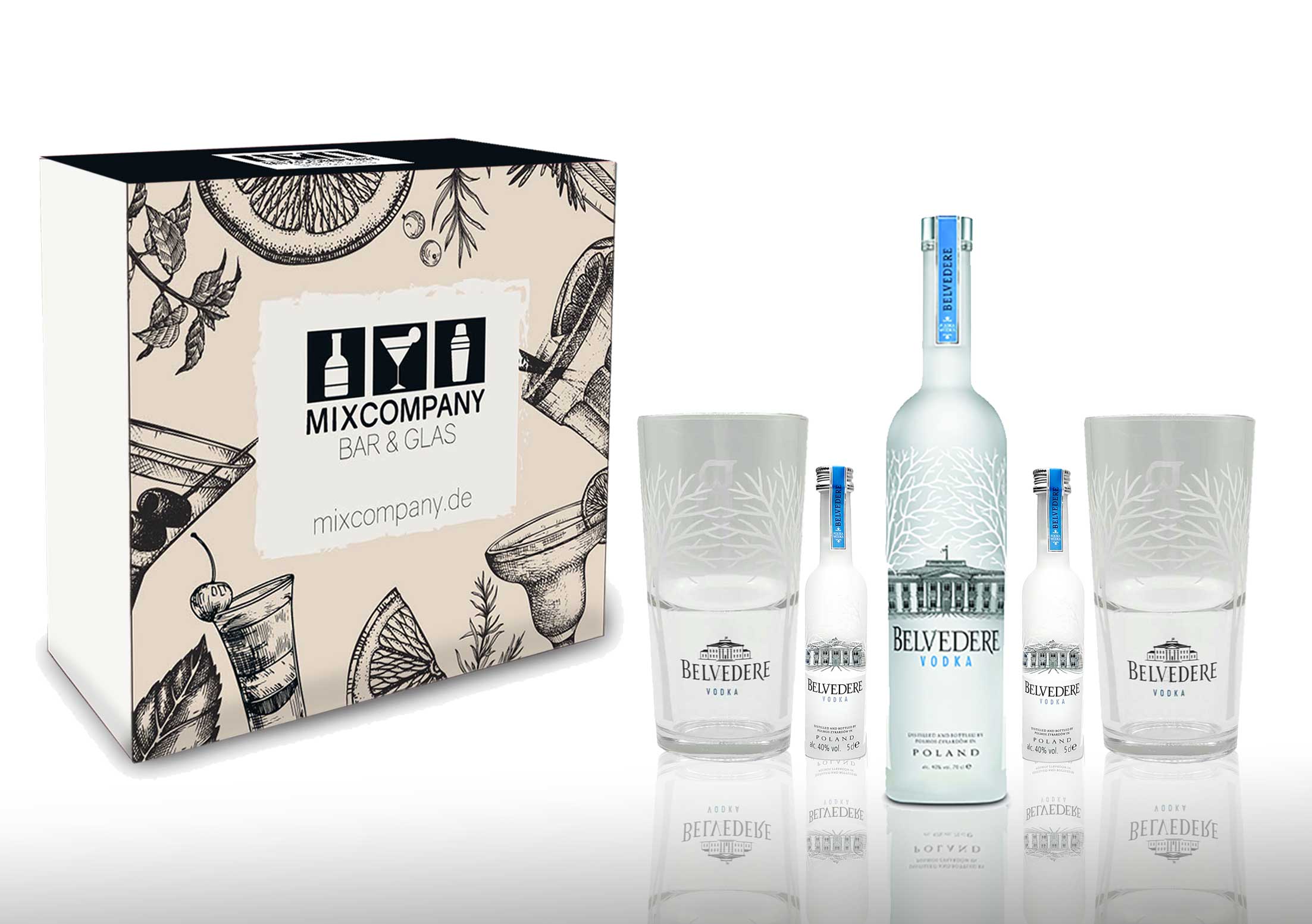Belvedere Geschenkset - Belvedere Vodka 0,7l 700ml (40% Vol) + 2x Minis je 50ml (40% Vol) + 2x Gläser