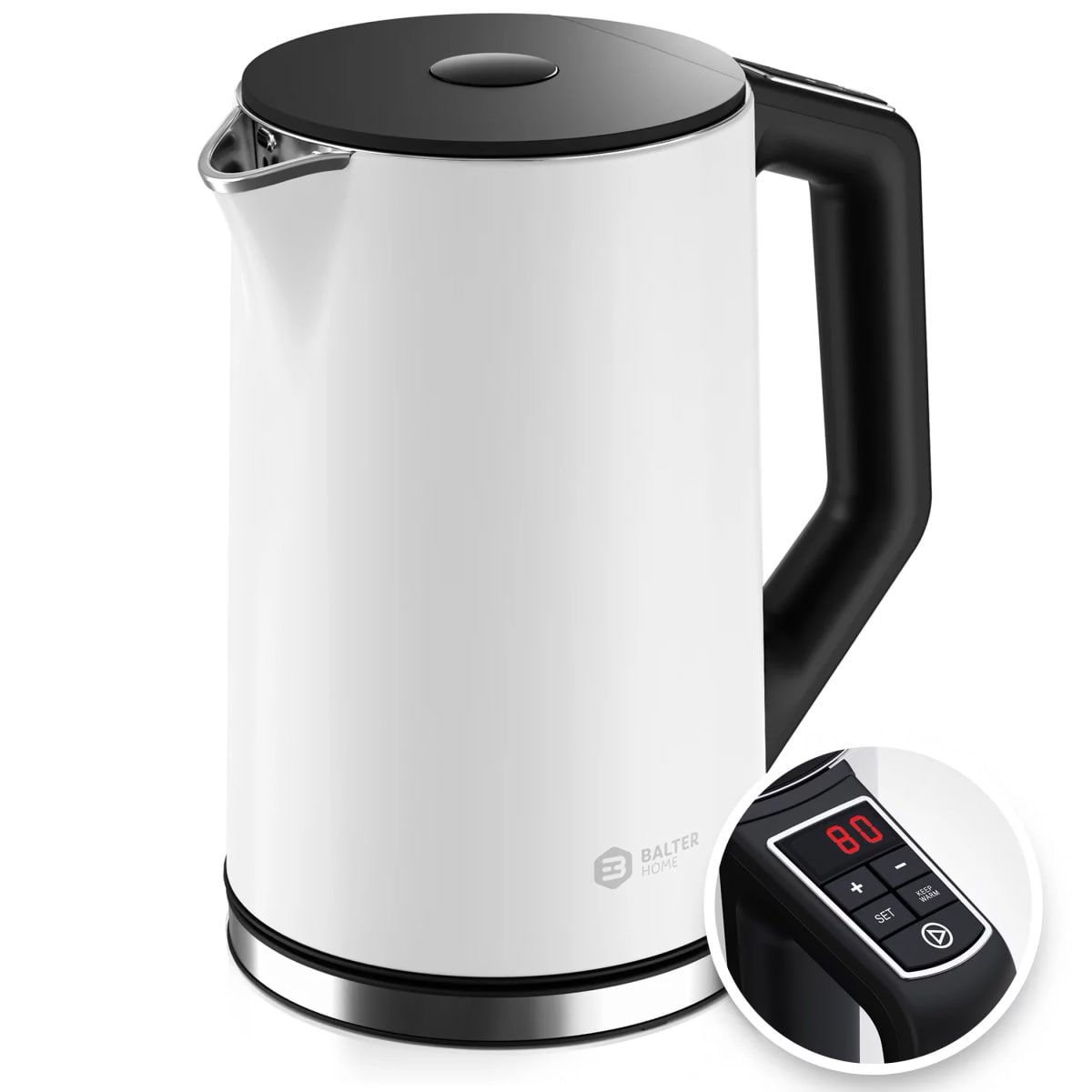 BALTER WK-12 Wasserkocher mit Temperaturwahl LCD Digitalanzeige Weiß