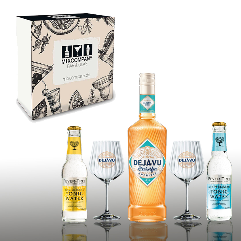 Geschenkset Deja Vu Oriental Alkoholfrei Aperitif – Unter 0,5% Vol., 0,7 l inkl. 2 Gläsern & Fever Tree Mediterranean & Indian Tonic 0,2l - [Enthält Sulfite]
