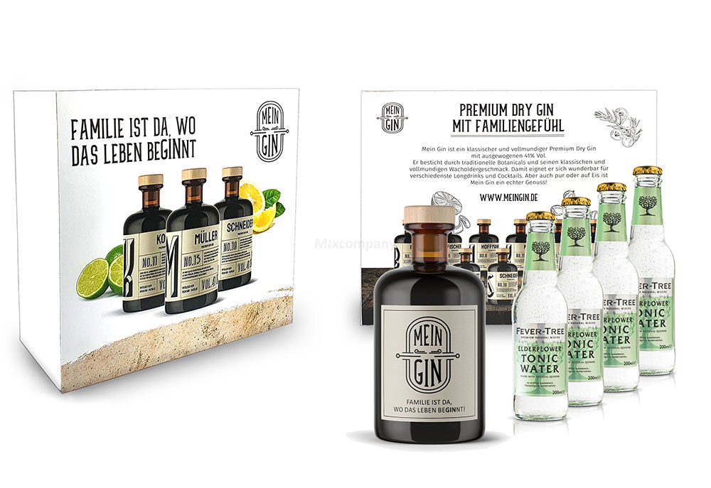 Mein Gin + Tonic Giftbox Geschenkset - Premium Dry Gin 0,5l (41% Vol) + 4x Fever-Tree Elderflower Tonic Water 200ml inkl. Pfand MEHRWEG - [Enthält Sulfite]