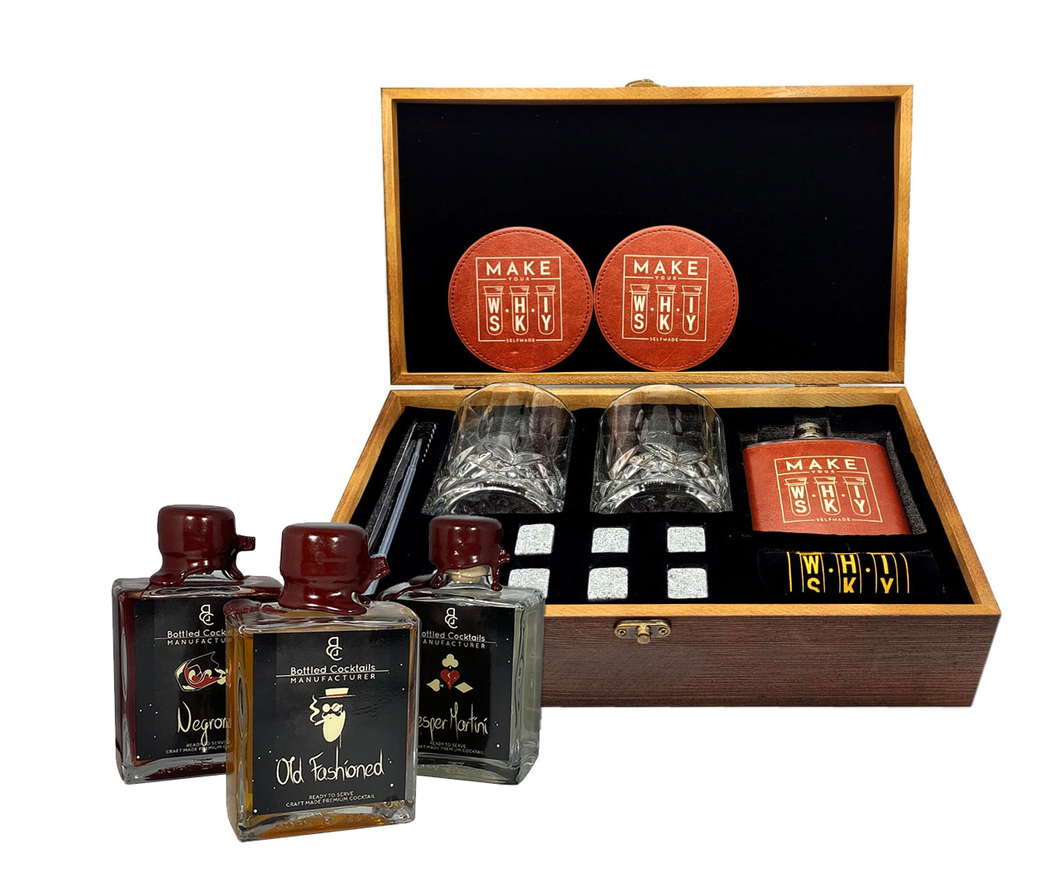 Make your Whisky Set Geschenkset in Holzbox mit 3er Set Fertigcocktails Negroni (24,13% Vol) Old Fashioned (23,96% Vol) Vesper Martini (24,13% Vol) je 100ml - [Enthält Sulfite]