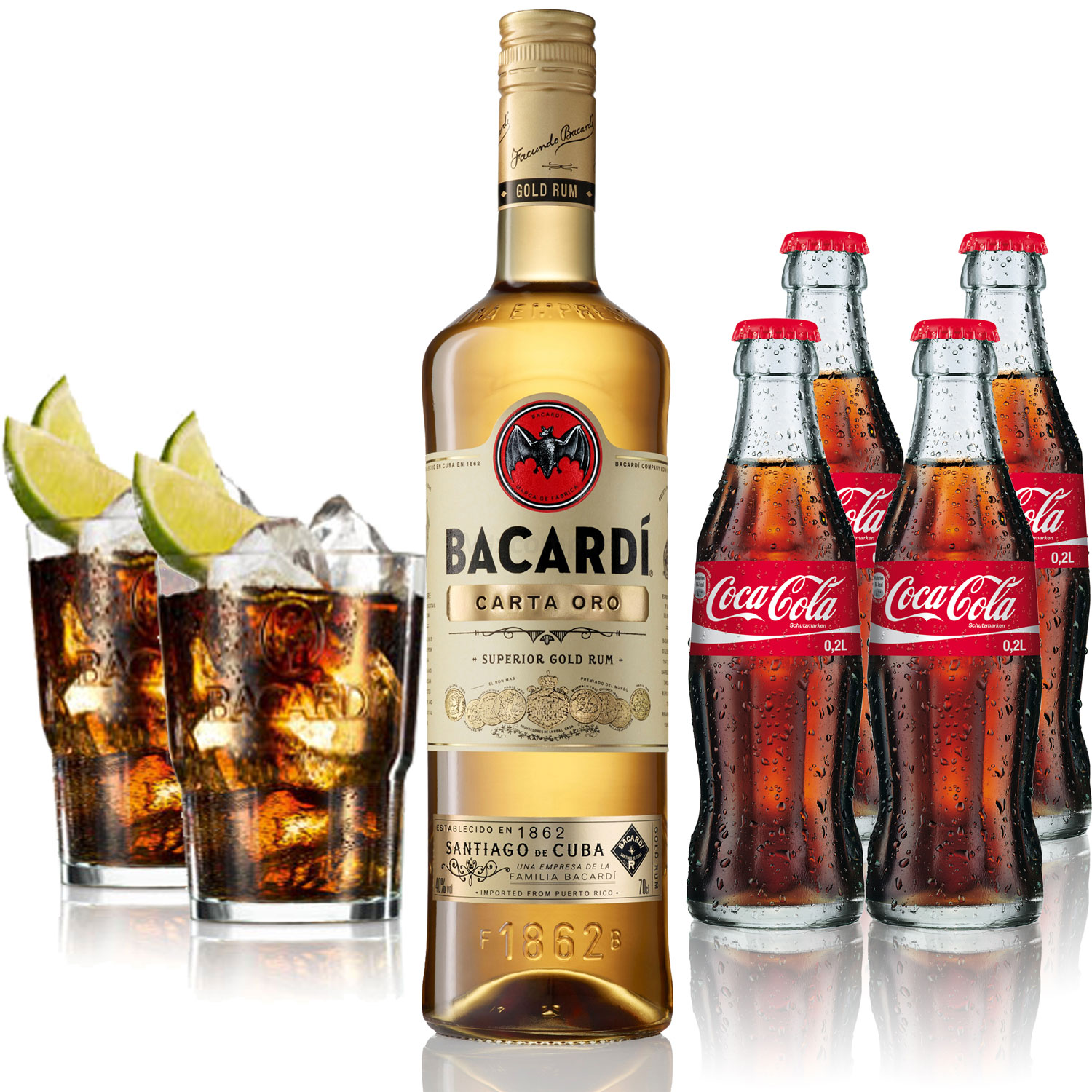 Cuba Libre Set - Bacardi Carta Oro Gold Rum 1L (40% Vol) + 4x Coca Cola 0,2L + 2x Bacardi Glas Gläser 2/4cl geeicht - Inkl. Pfand MEHRWEG