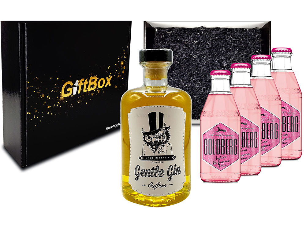 Mixcompany Giftbox - Gin Tonic Set Gin Tonic Set - Gentle Gin Saffron 0,5l (40% Vol) + 4x Goldberg Hibiscus Tonic Water 200ml inkl. Pfand MEHRWEG - in Geschenkverpackung- [Enthält Sulfite]