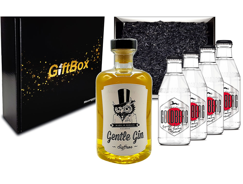 Mixcompany Giftbox - Gin Tonic Set Gin Tonic Set - Gentle Gin Saffron 0,5l (40% Vol) + 4x Goldberg Japanese Yuzu Tonic Water 200ml inkl. Pfand MEHRWEG - in Geschenkverpackung- [Enthält Sulfite]