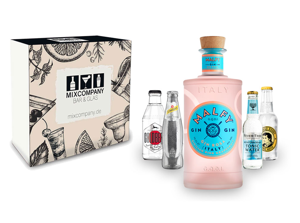 Malfy Gin Tonic Giftbox Set - Malfy Gin Rosa 0,7l - 700ml (41% VOL) + 1x Goldberg Yuzu 1x Fever Tree Mediterranean 1x Thomas Henry Tonic 1x Schweppes Dry Tonic- Inkl. Pfand MEHRWEG- [Enthält Sulfite]