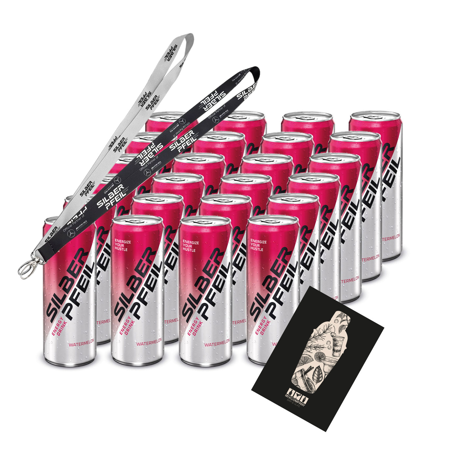 Silberpfeil 24er Set Energy Drink Watermelon Wassermelone 24x 0,25L inkl. Pfand EINWEG+ 1x Schlüsselband Lanyard