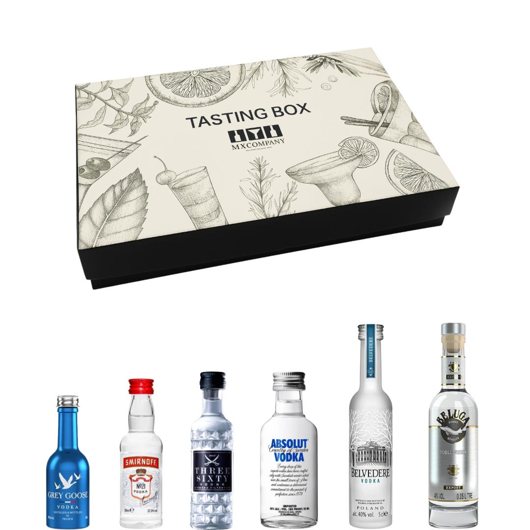 Vodka Tasting Box – 6 Premium Sorten in Miniaturen | Grey Goose, Smirnoff, Three Sixty, Absolut, Belvedere & Beluga | Geschenkset für Genießer & Verkostungen