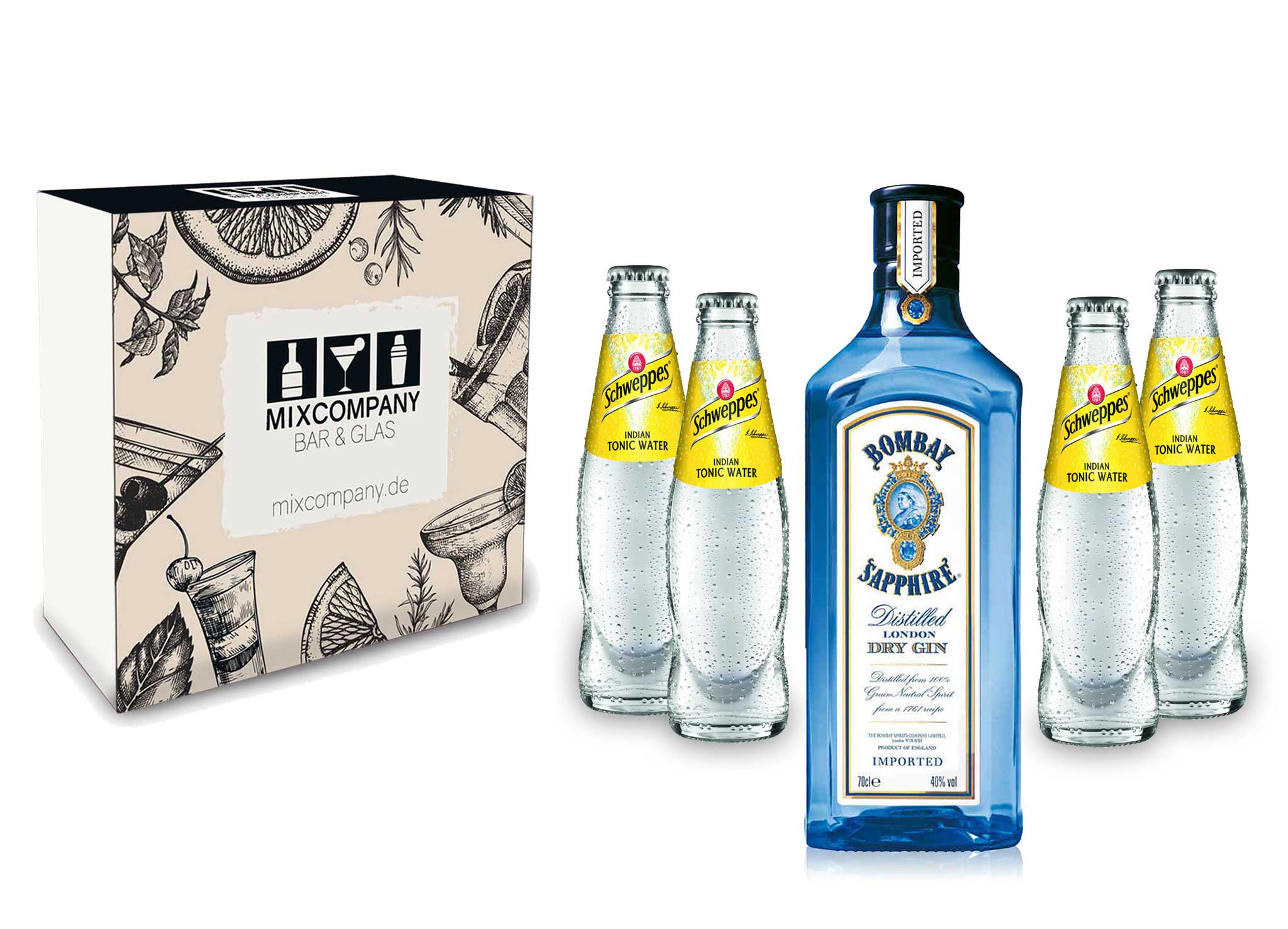Gin Tonic Giftbox Geschenkset - Bombay Sapphire 0,7l 700ml (40% Vol) + 4x Schweppes Tonic Water 200ml inkl. Pfand MEHRWEG + Geschenkverpackung